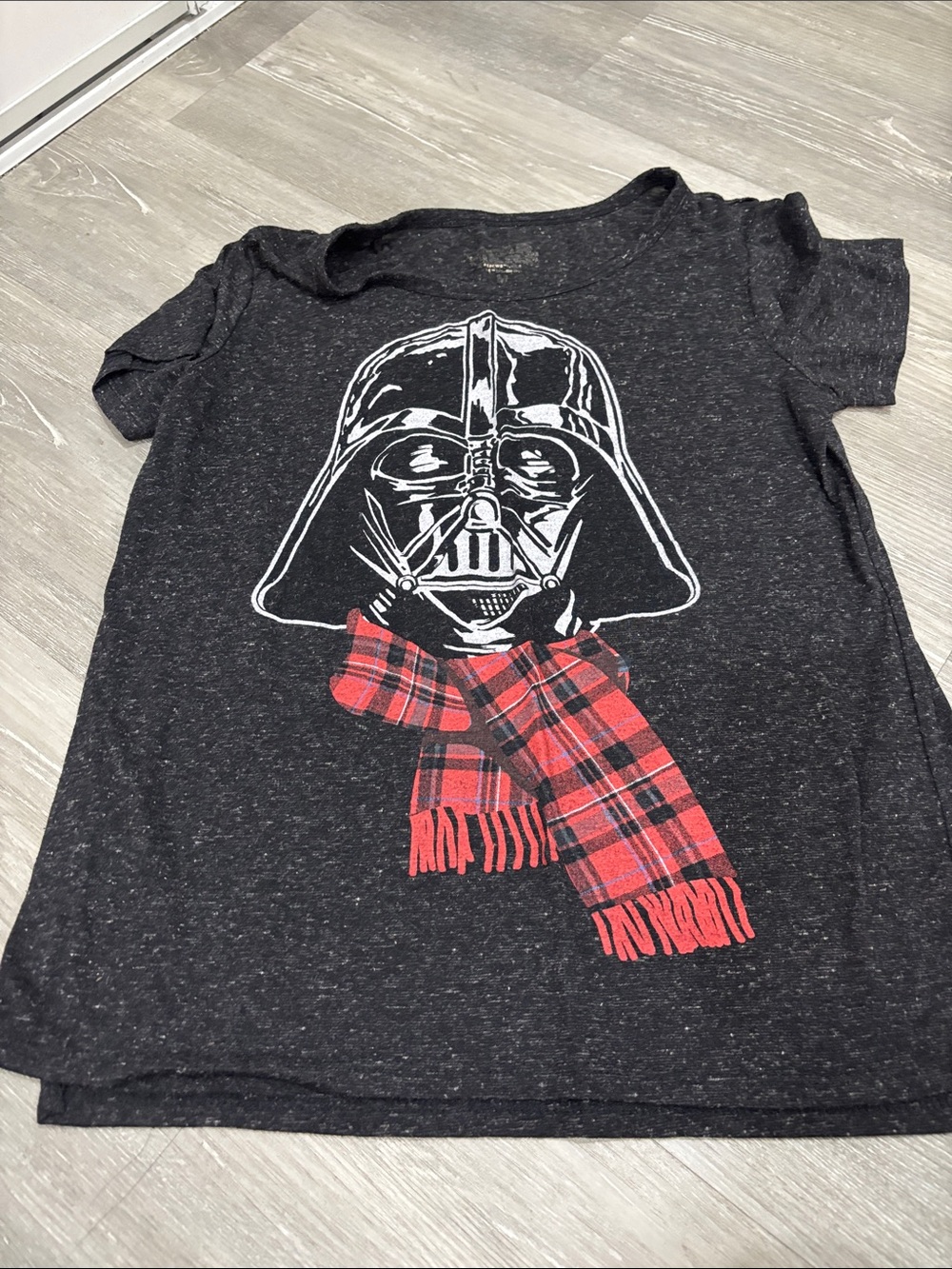 Star Wars Black Tee with White Darth Vader Graphic and Red Plaid Scarf
